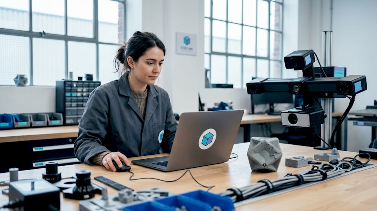 Technician repairing scan mesh at lab bench