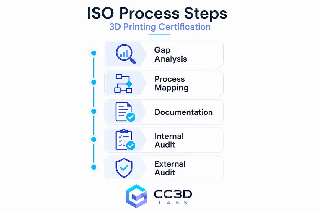 Infographic of ISO certification steps for 3D printing