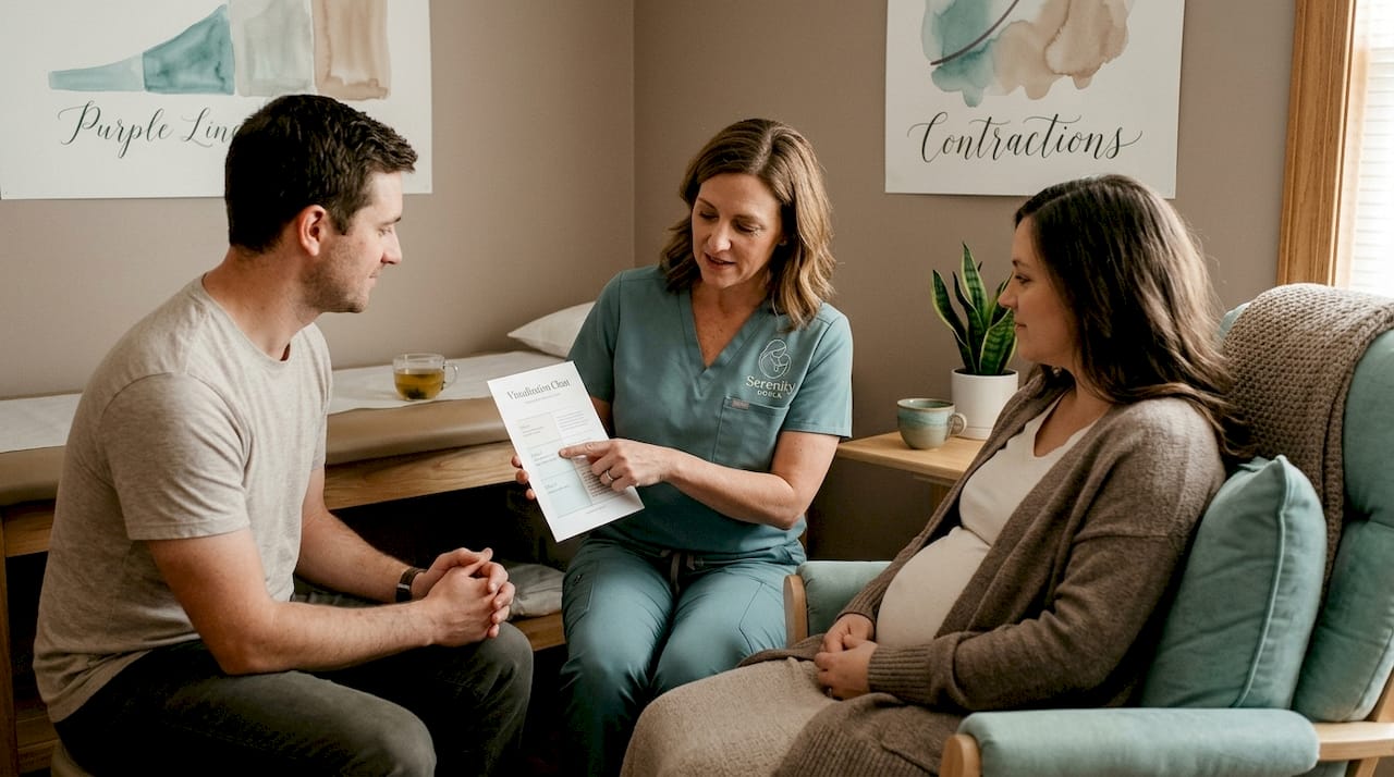 Nurse explaining labor alternatives in clinic