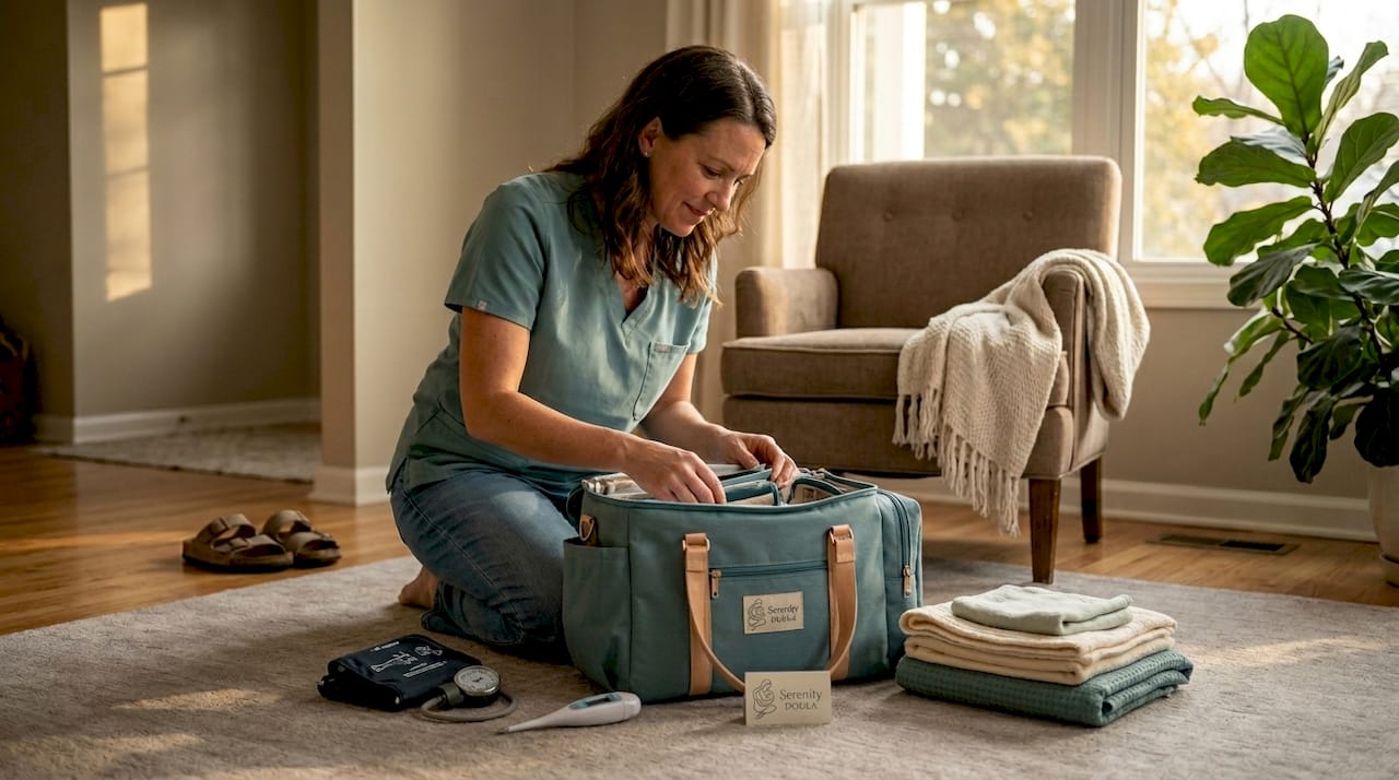 Midwife checking home birth supplies on rug