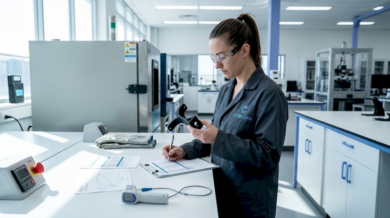 Technician testing 3D part heat resistance