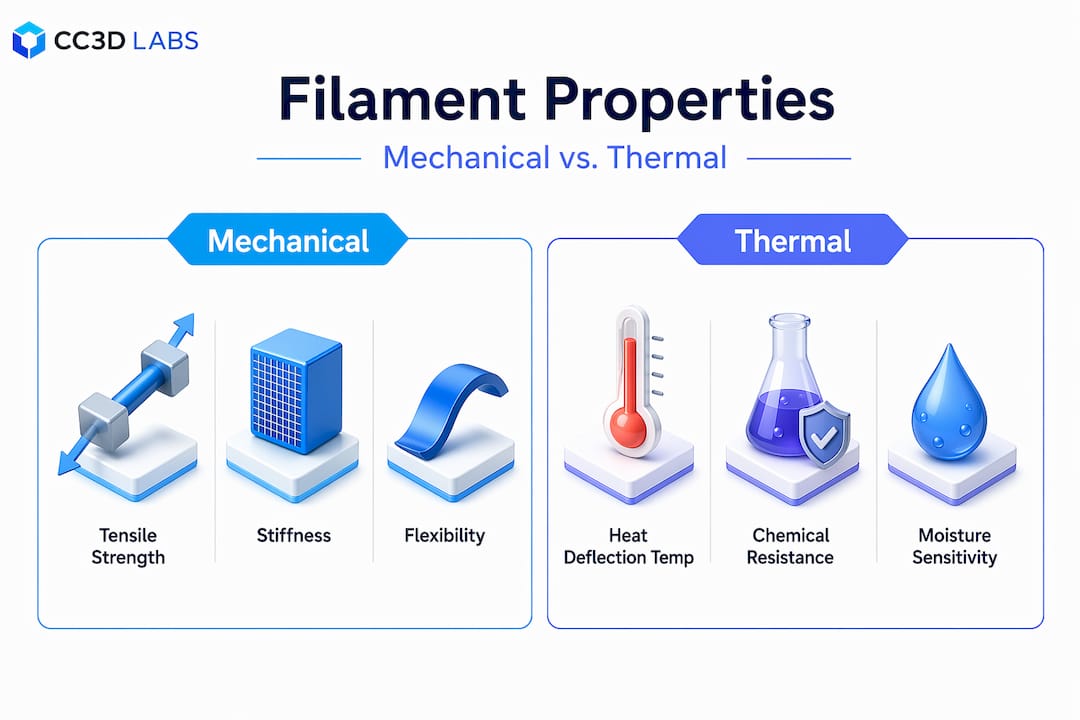 Infographic comparing mechanical and thermal filament properties