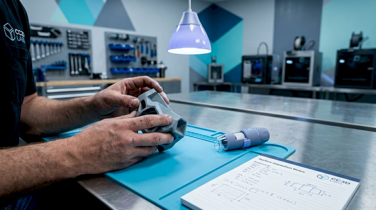 Hands inspecting 3D printed surface texture