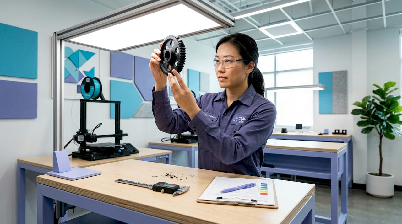 Technician checks 3D printed part for defects