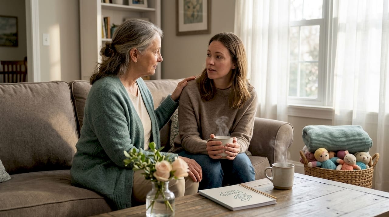 Grandmother supports new parent on sofa