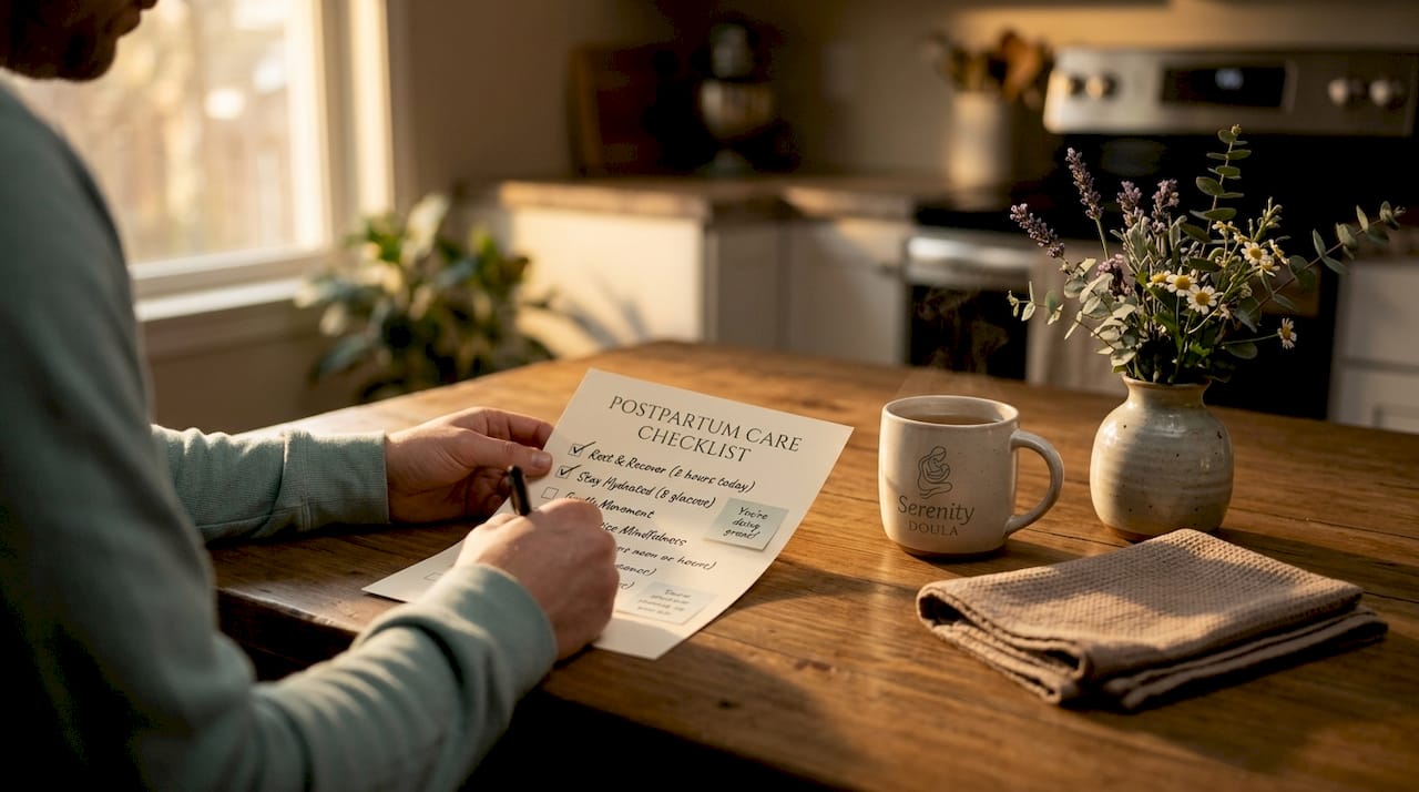 Partner writing postpartum care plan checklist