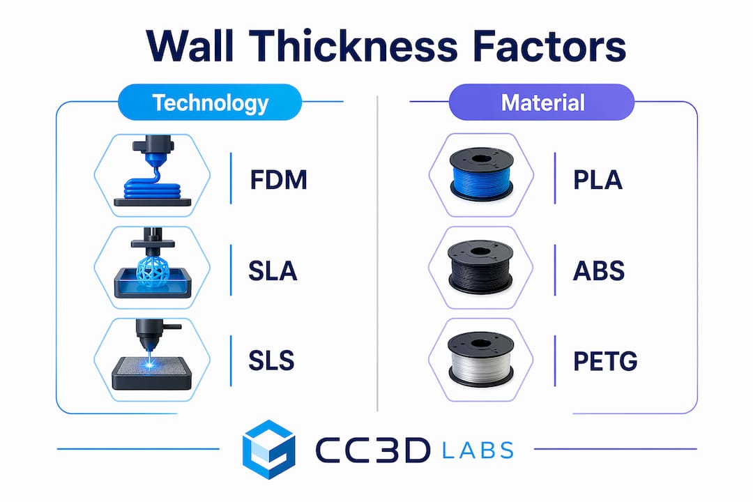 Infographic comparing wall thickness by technology and material
