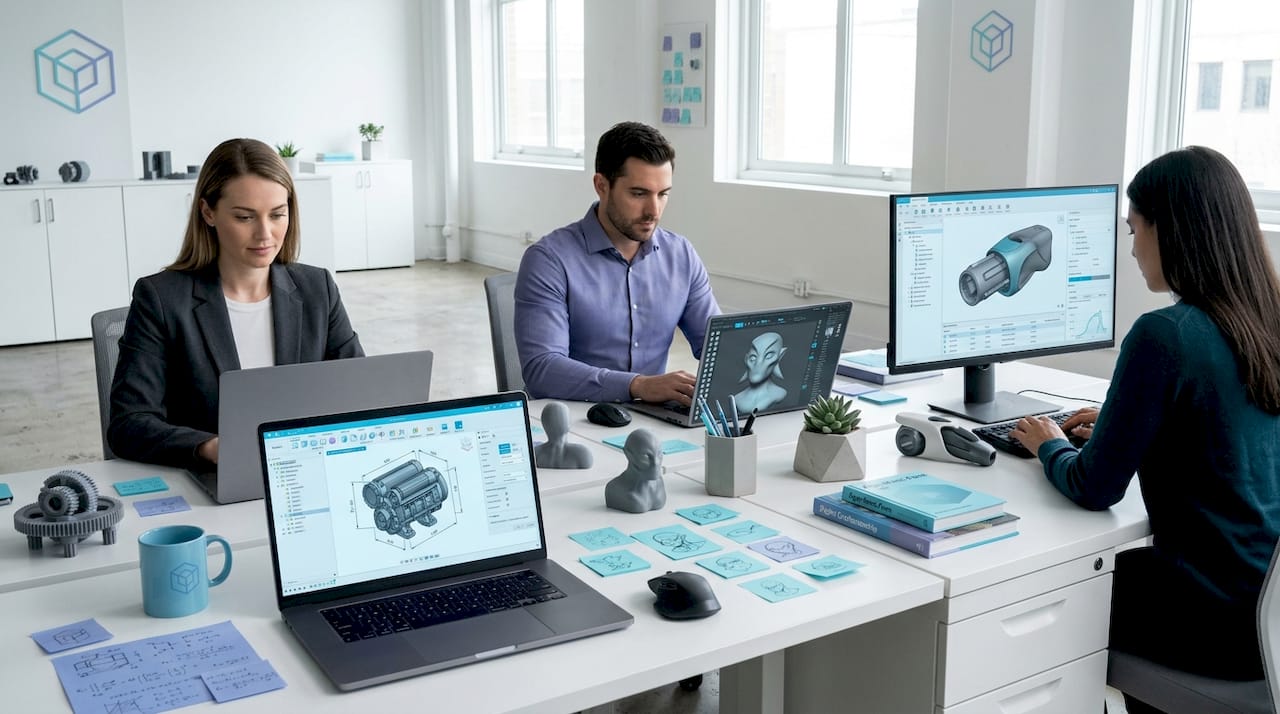 Workspace showing three types of 3D modeling software use
