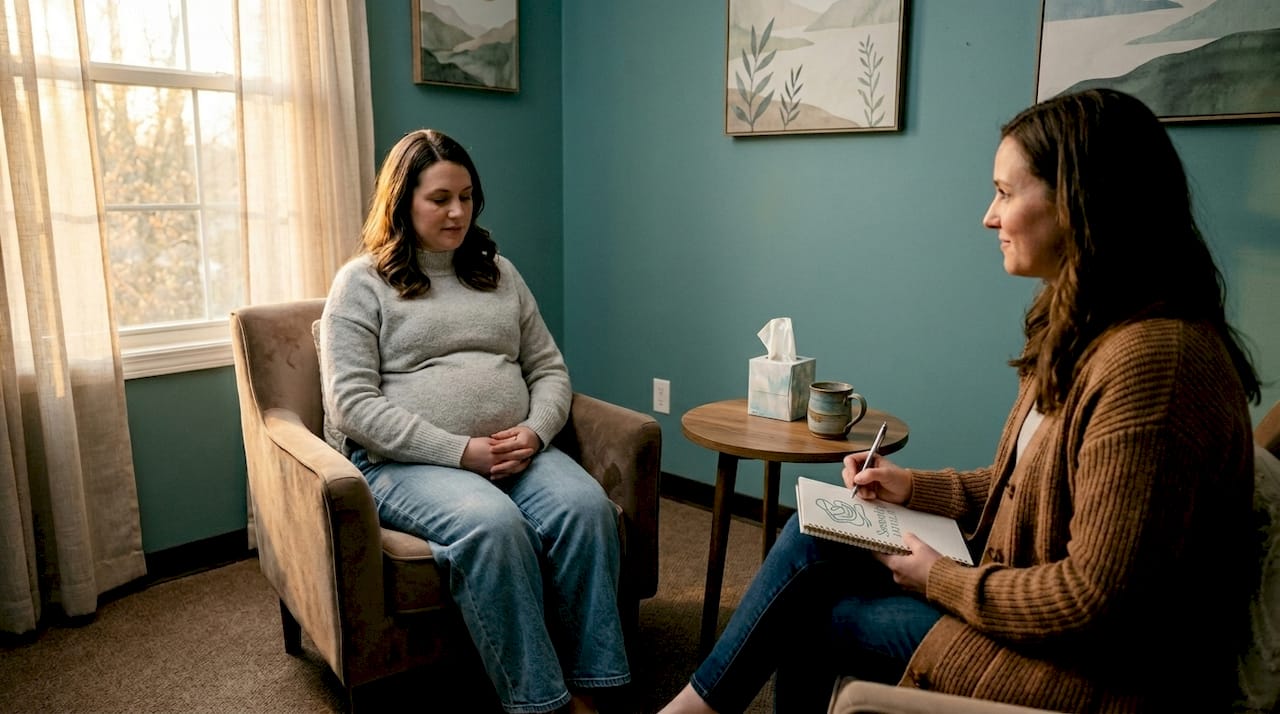 Therapy session with pregnant woman and therapist