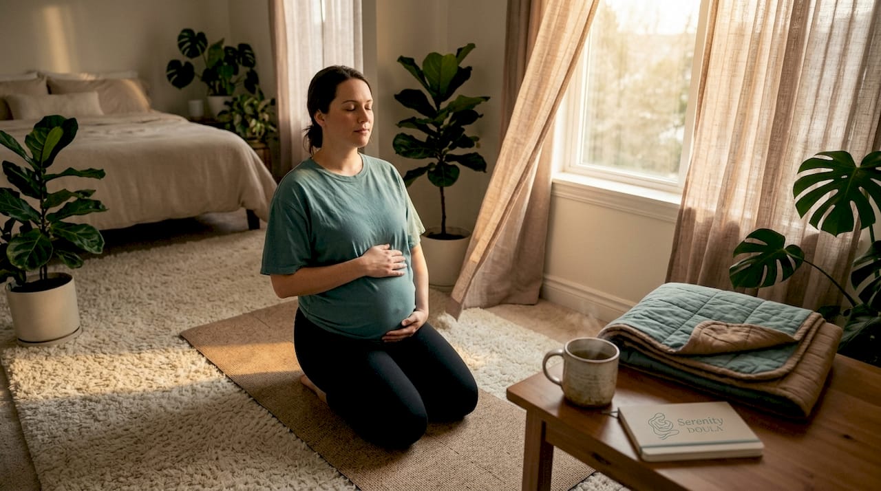 Pregnant woman practicing prenatal exercises indoors
