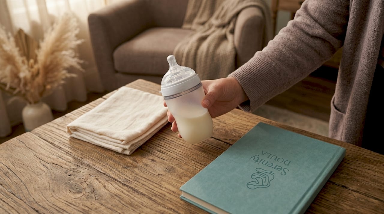 Hand holding baby bottle demonstrating paced feeding