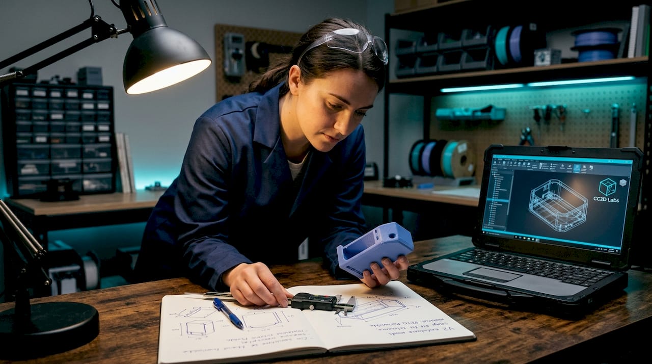 Engineer inspecting 3D printed prototype on workbench