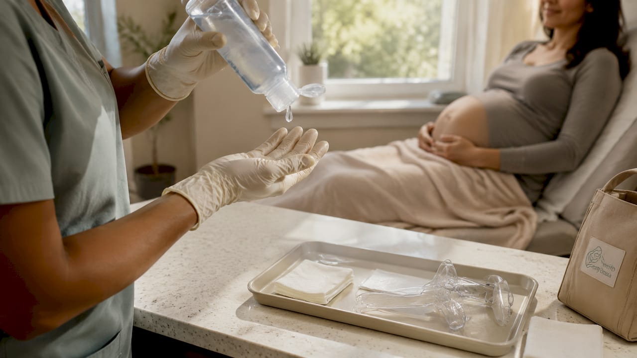 Hands preparing for cervical check lubricant