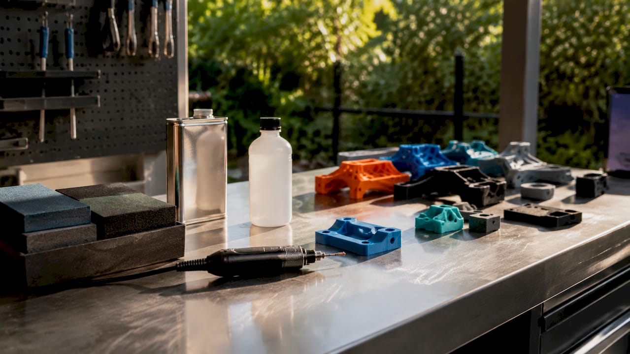 Overhead view of 3D print finishing supplies and parts
