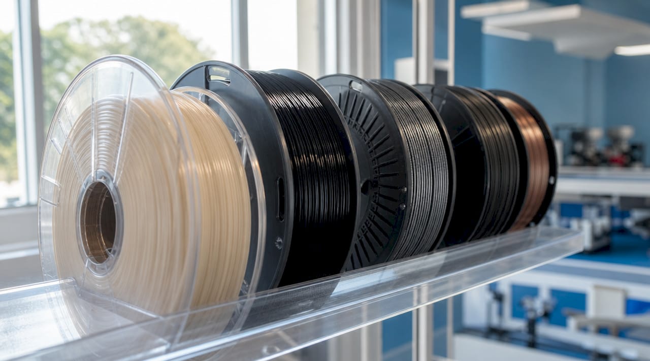 Close-up of PEEK and composite filament spools
