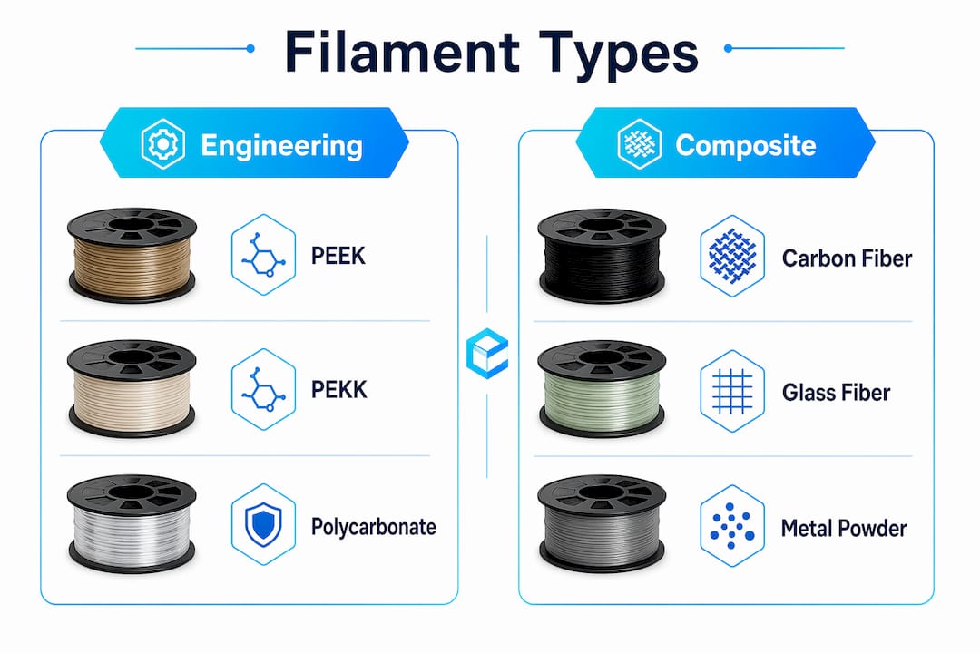 Infographic comparing engineering-grade vs composite filaments