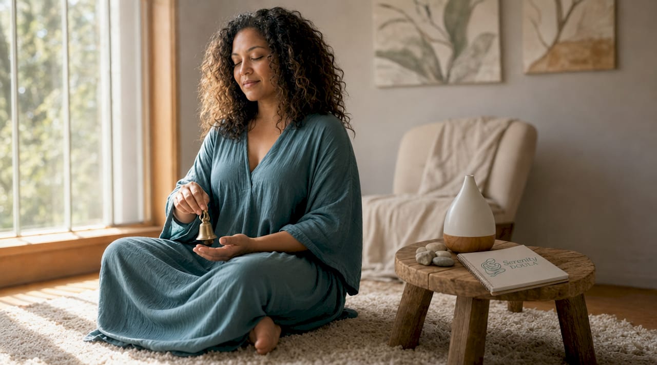 Woman holding meditation bell in calm bedroom