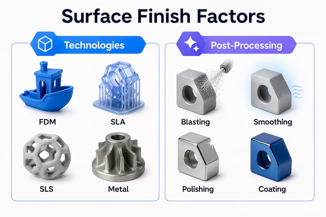 Infographic comparing 3D printing technologies and post-processing methods affecting surface finish