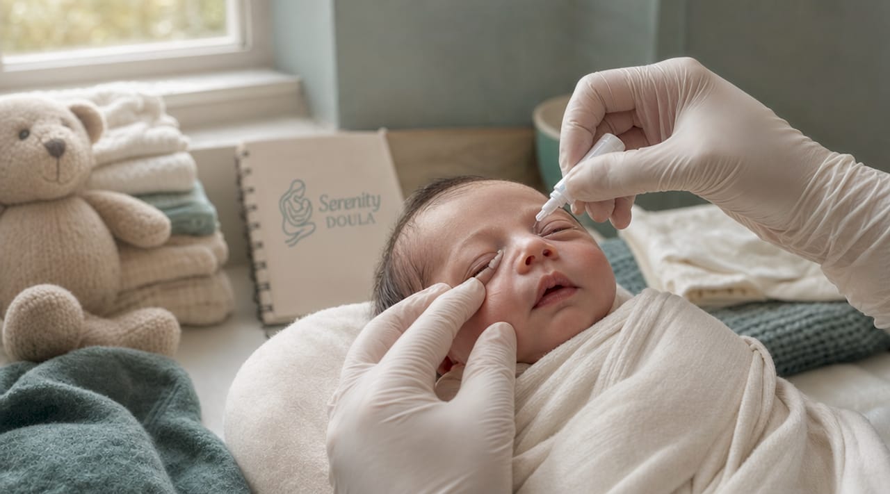 Close-up of ointment application on newborn’s eye