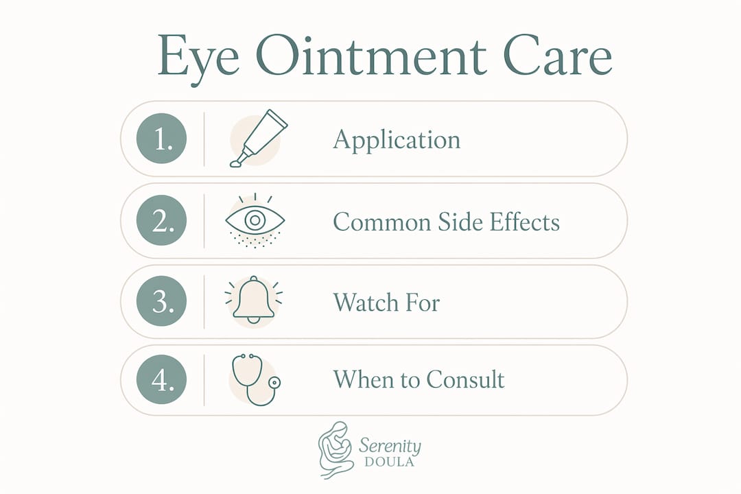 Infographic outlining key steps and side effects of newborn eye ointment