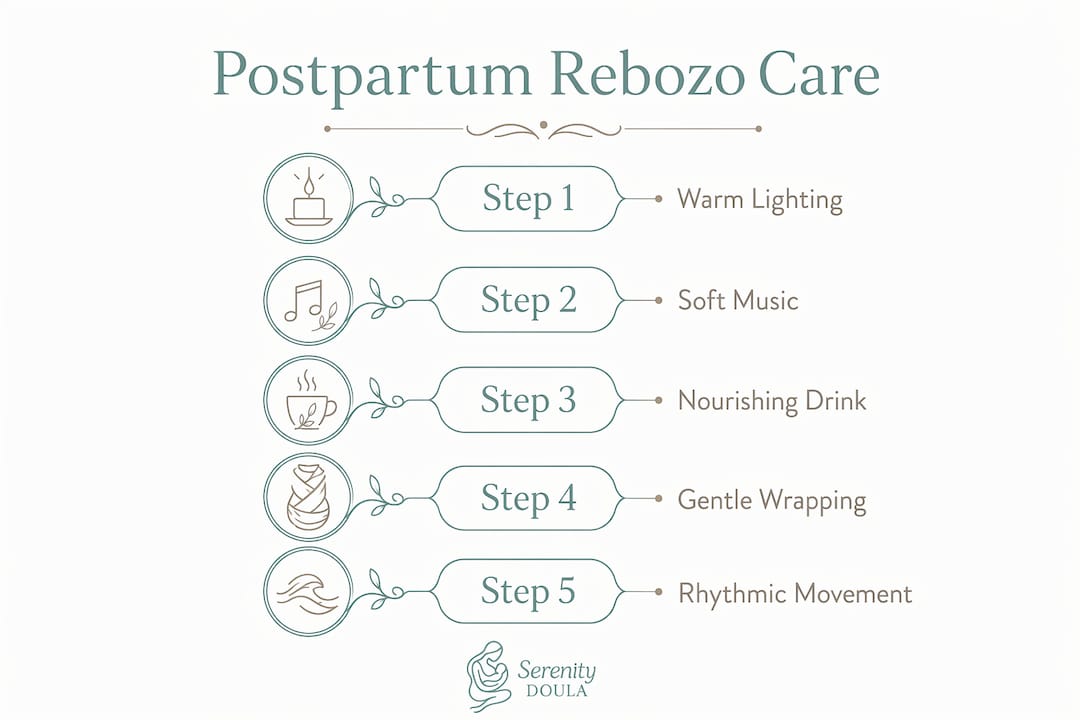 Infographic depicting postpartum rebozo care steps