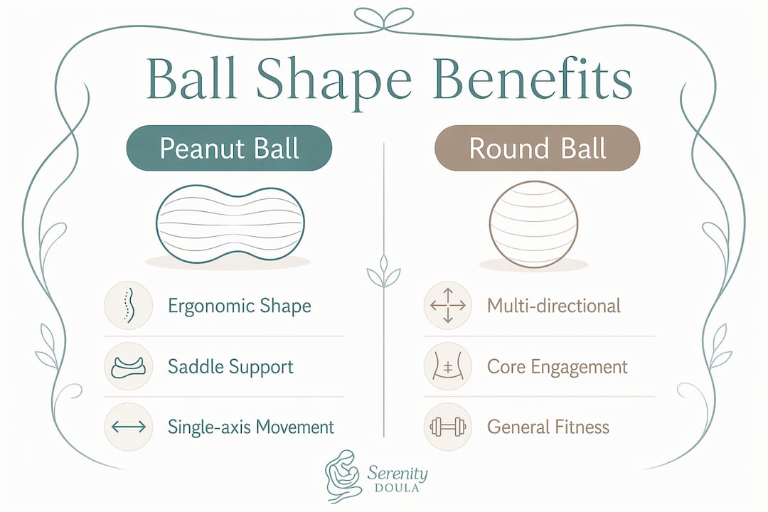 Infographic comparing peanut ball and round exercise ball benefits