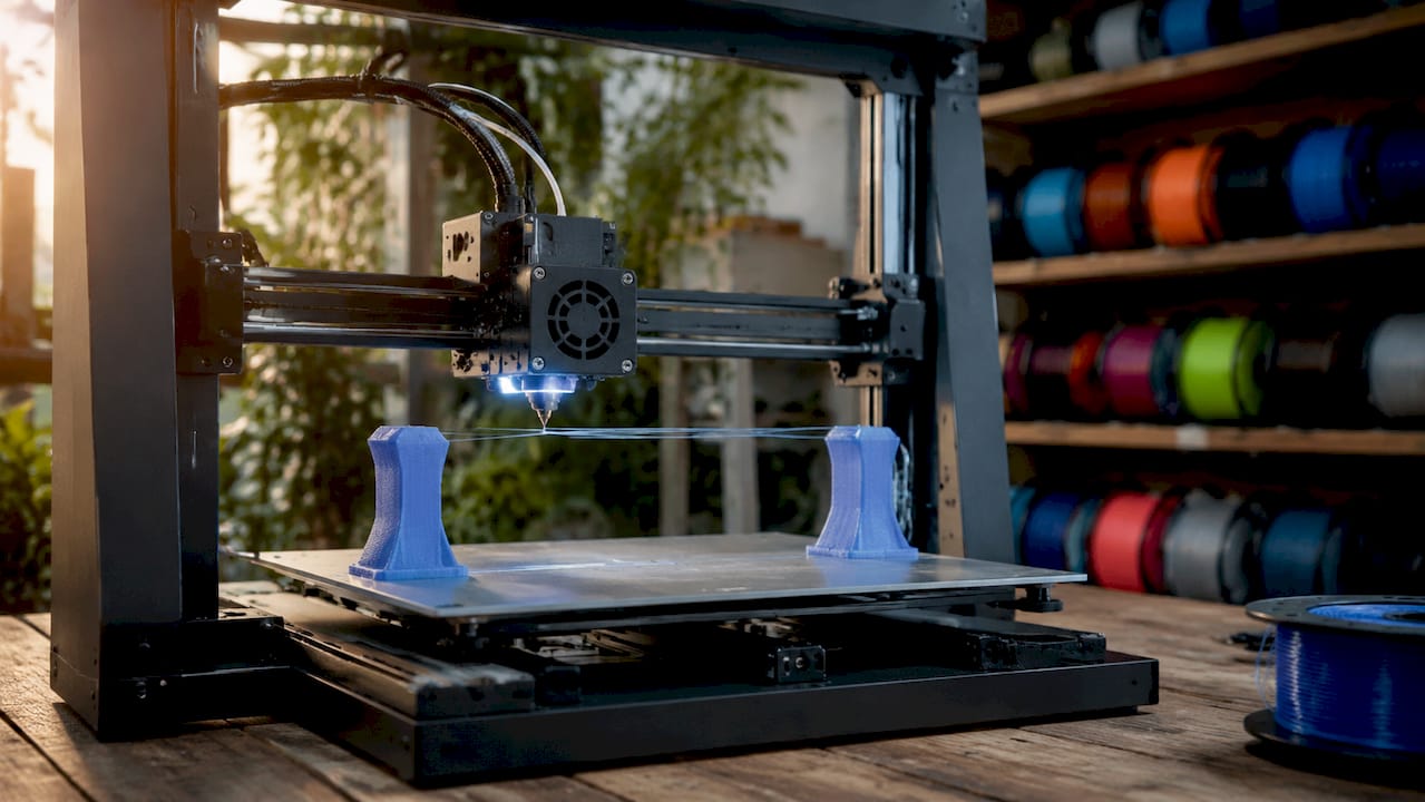 Close-up of 3D printer creating filament bridge