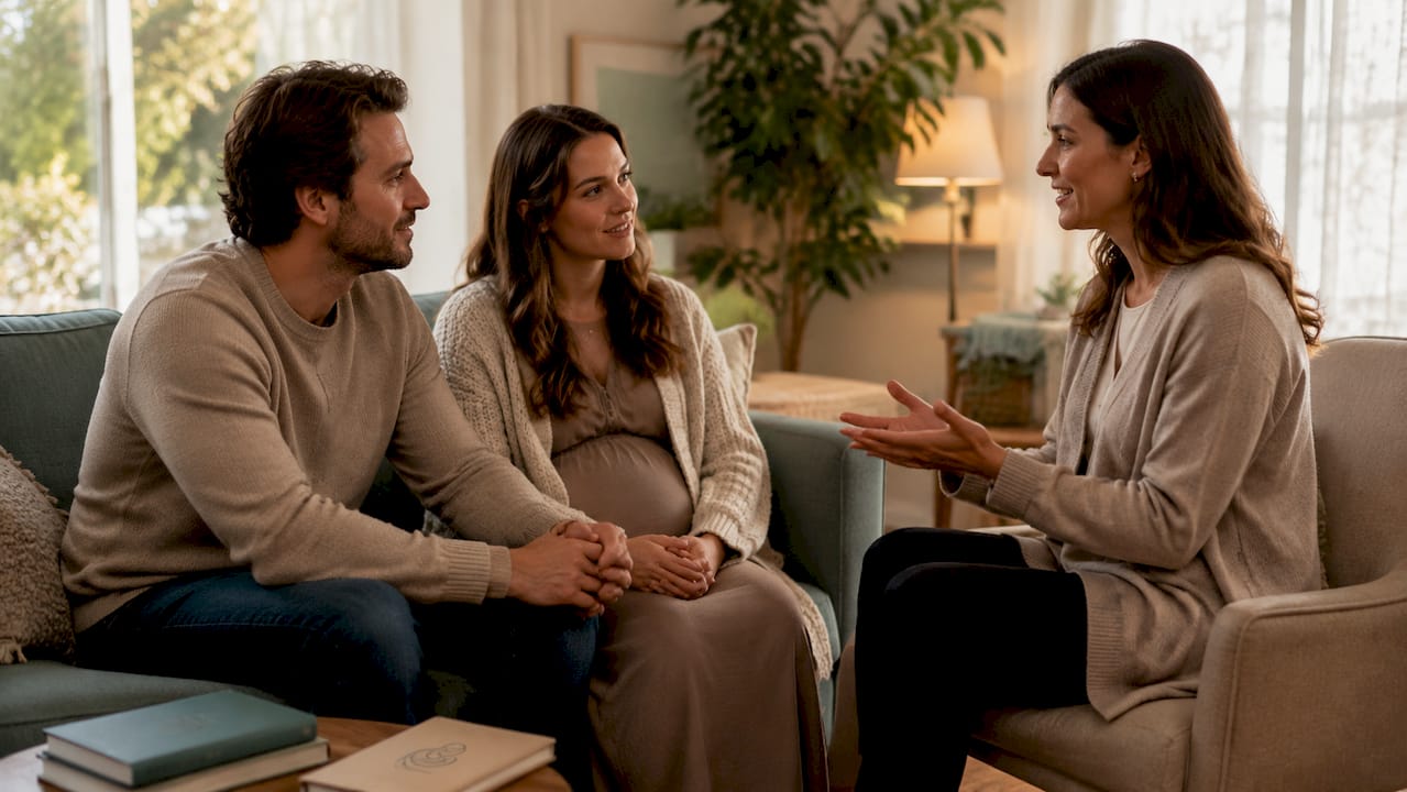 Midwife discussing birth settings with couple