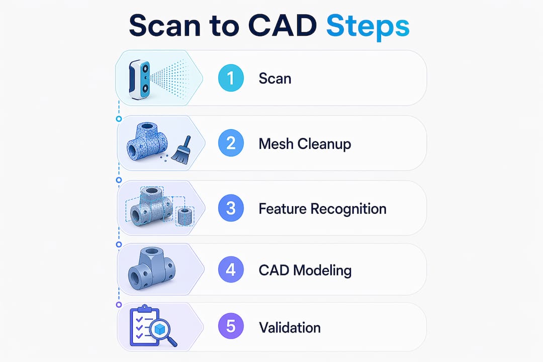 Infographic detailing scan to CAD workflow steps