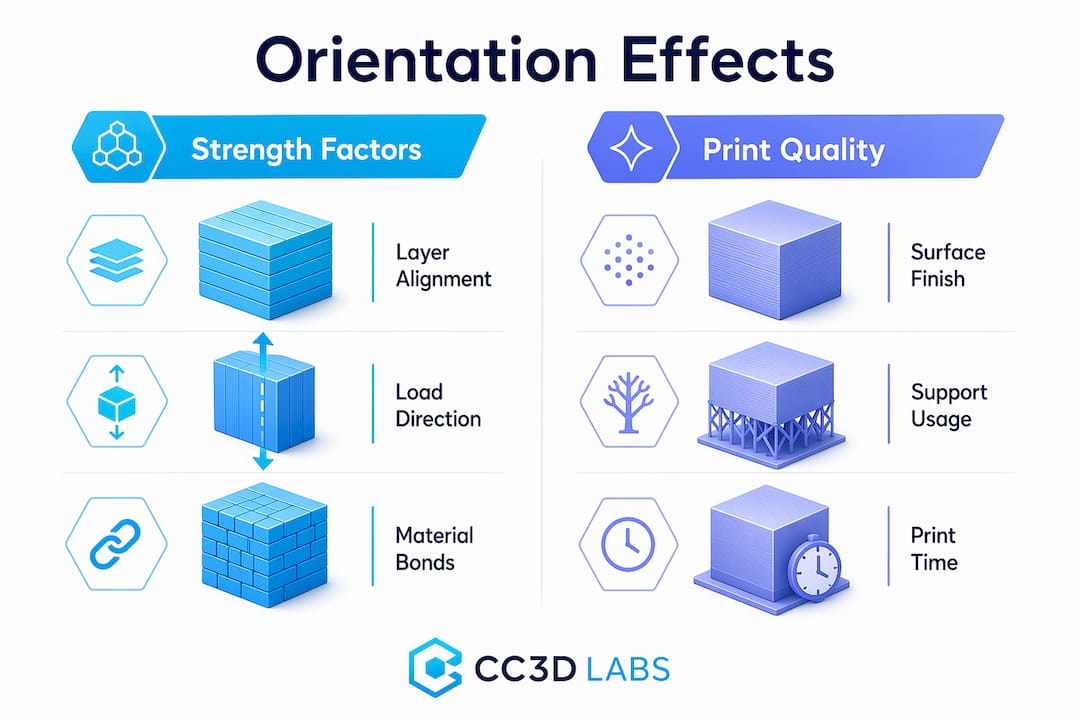 Infographic comparing strength and print quality effects by orientation