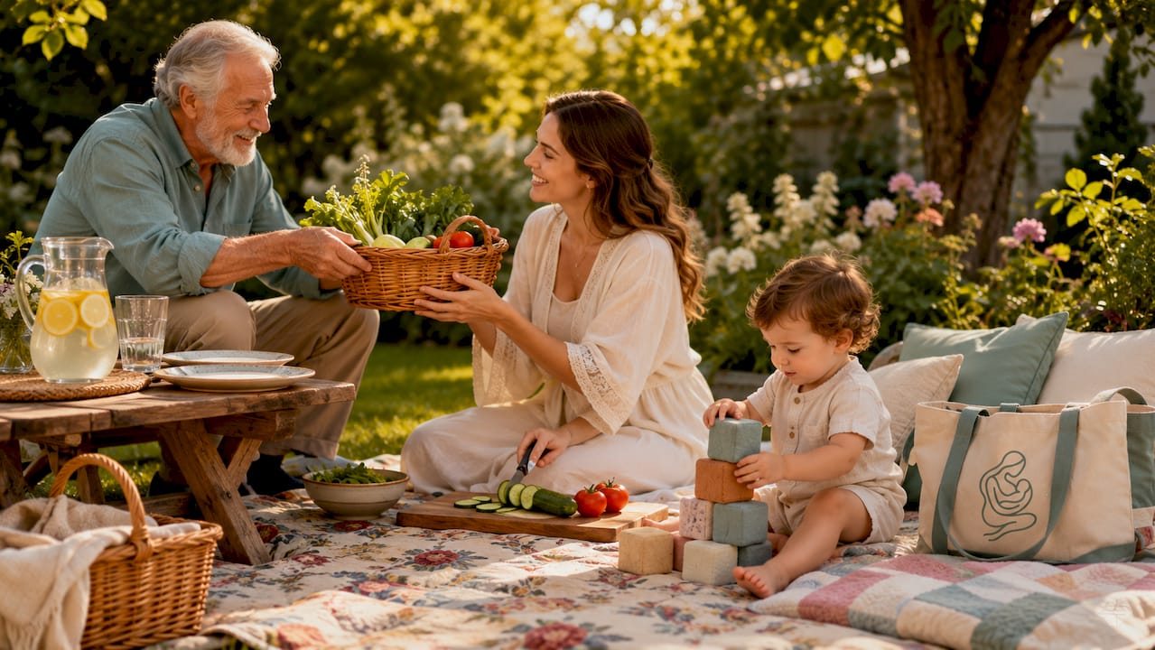 Grandfather helping with childcare tasks in kitchen