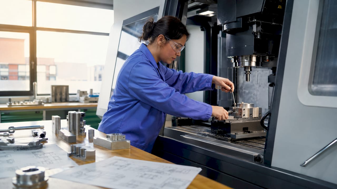 Technician using CNC milling machine for prototype