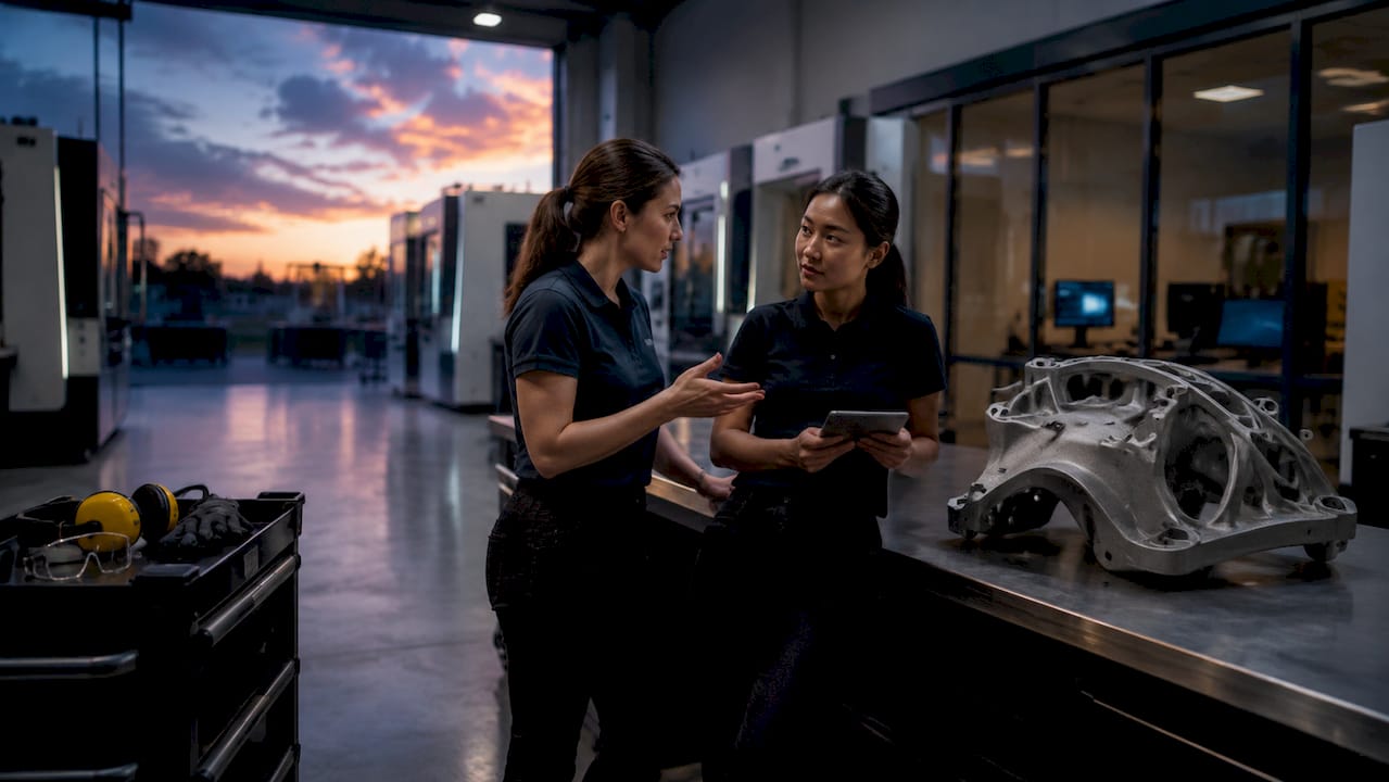 Technicians discussing 3D printed spare part on factory floor