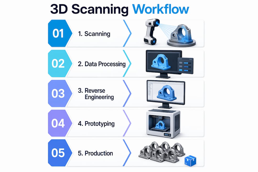 Infographic illustrating 3D scanning process steps