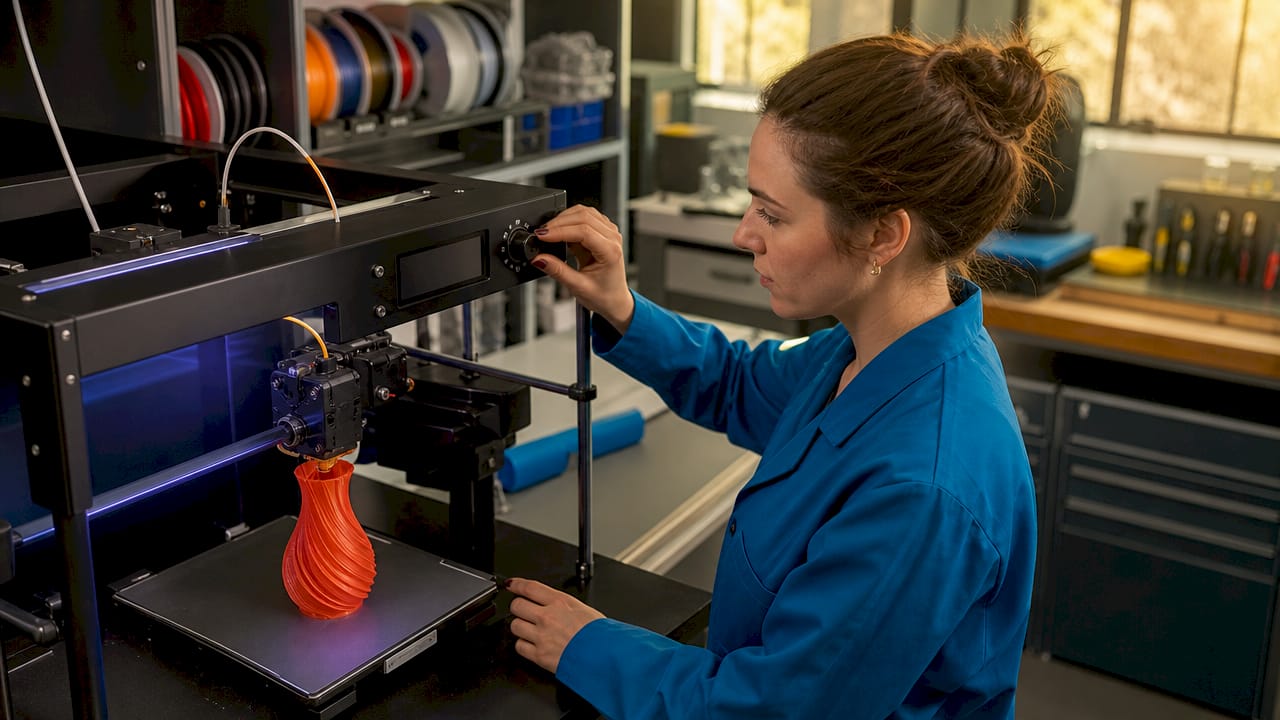 Hands adjusting 3D printer nozzle temperature control