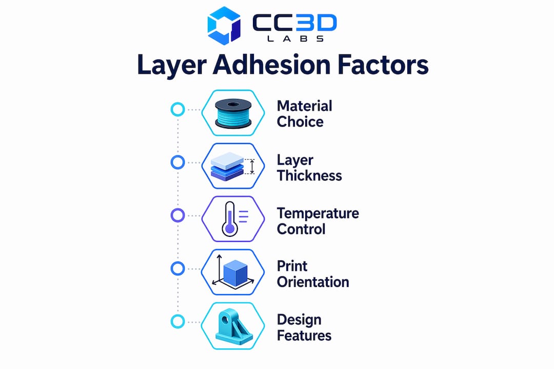 Infographic illustrating key factors of layer adhesion