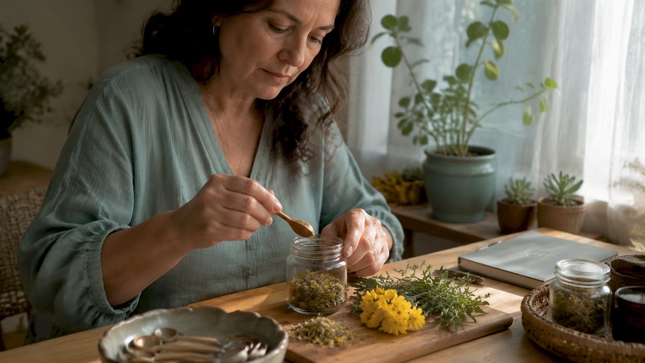 Hands preparing herbal pregnancy supplements