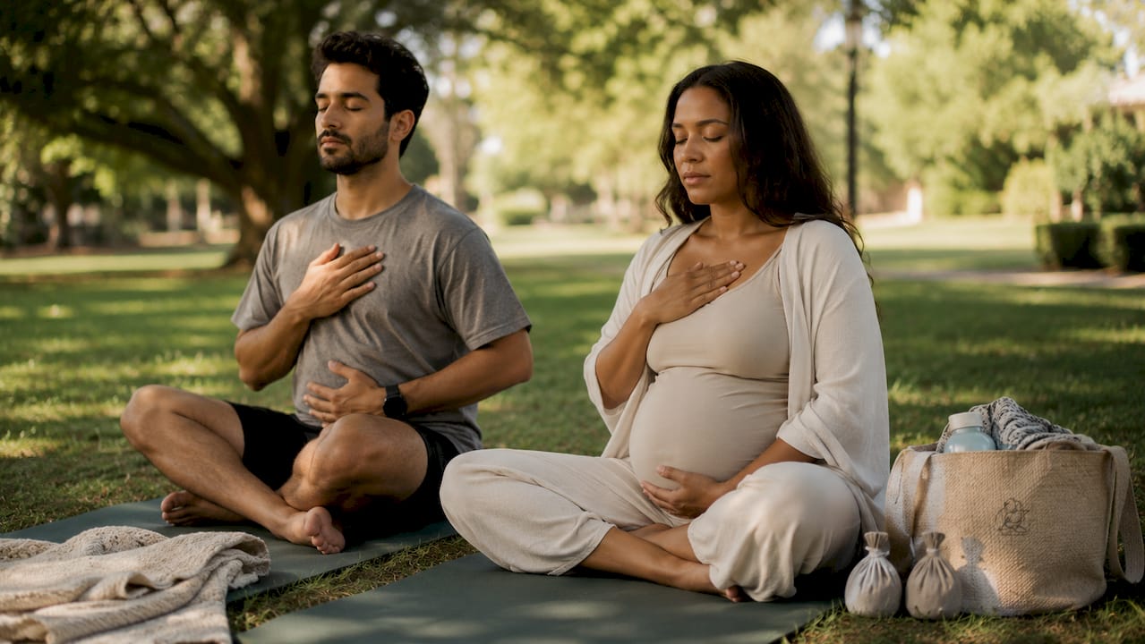 Couple practicing breathing in prenatal class