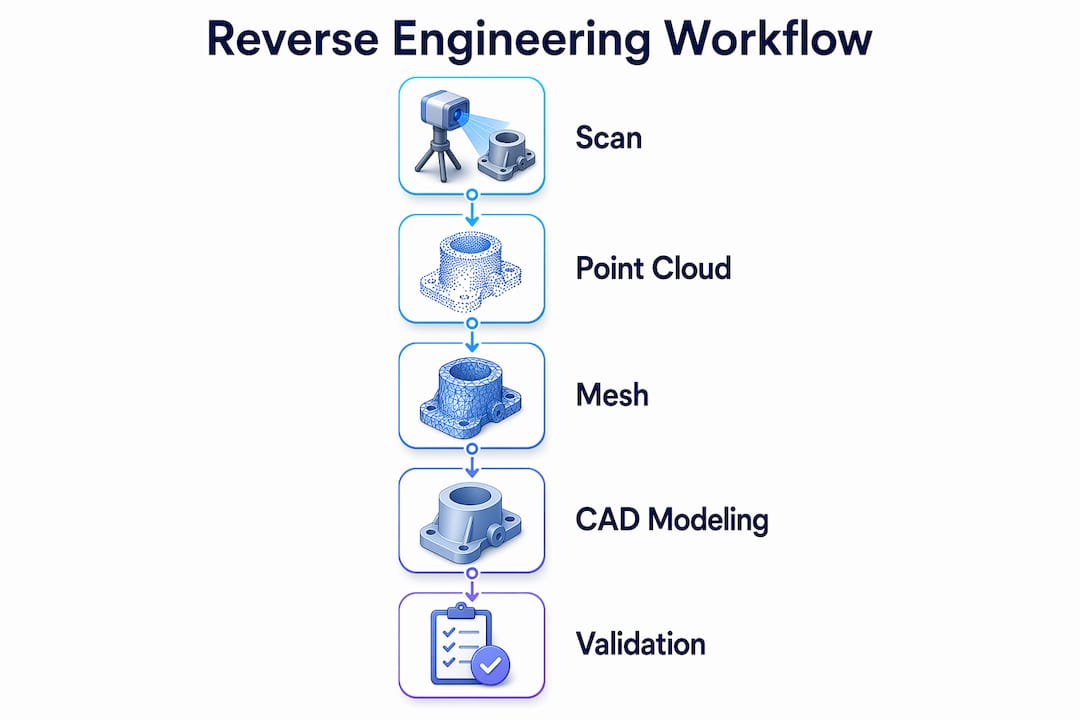 Infographic showing reverse engineering 3D step workflow