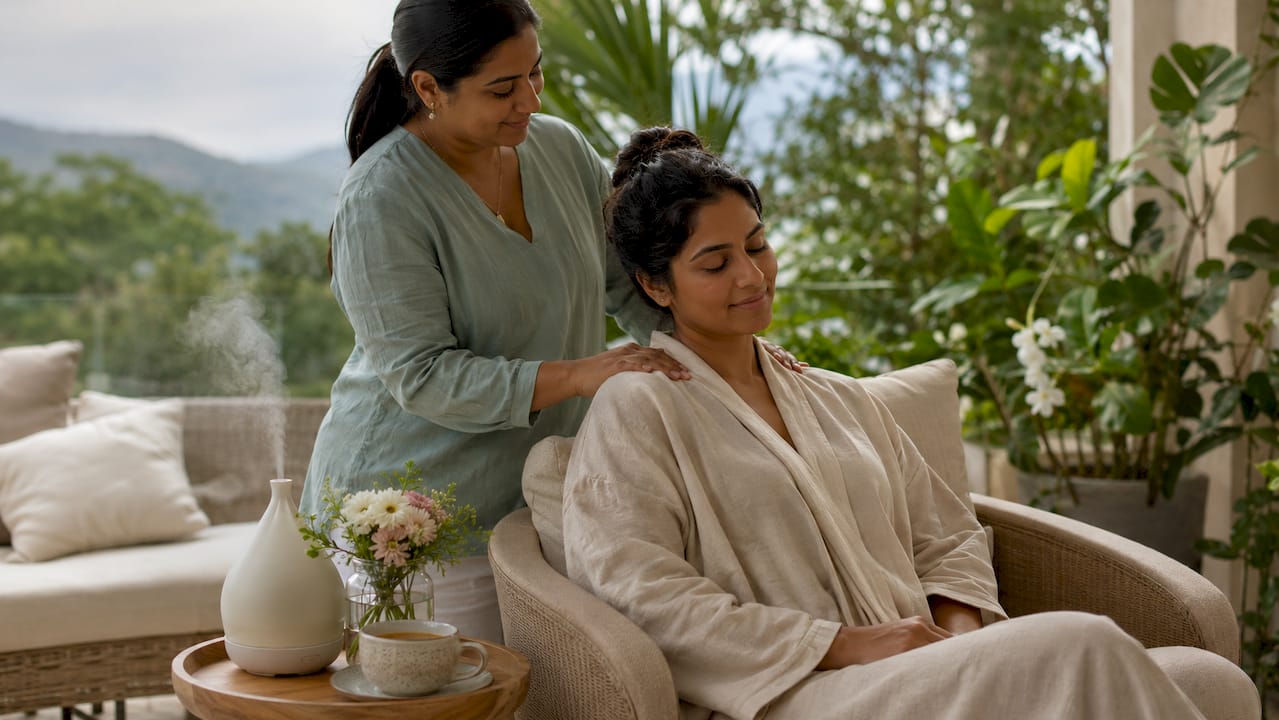 Postpartum doula providing massage in luxury retreat suite