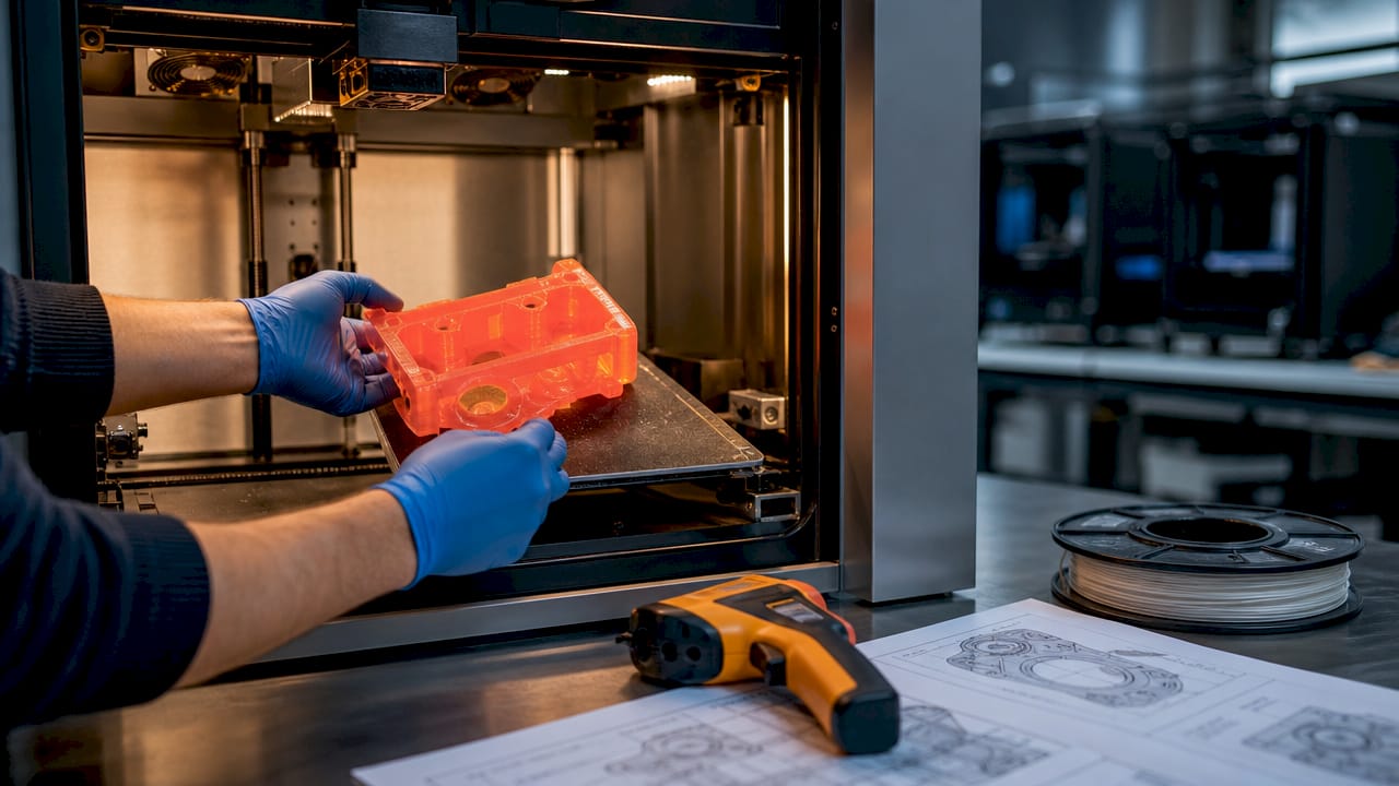 Hands removing hot 3D-printed polycarbonate part