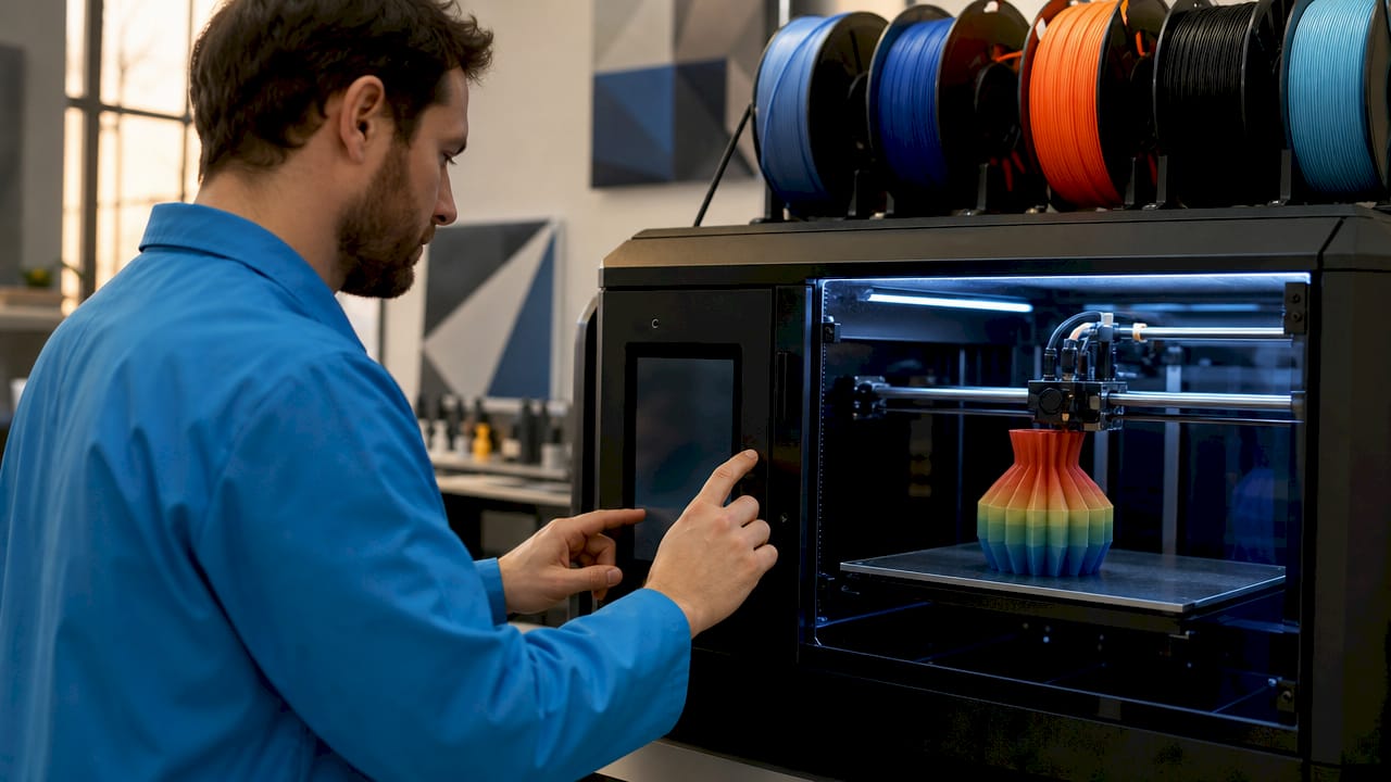 Technician adjusting color calibration on 3D printer