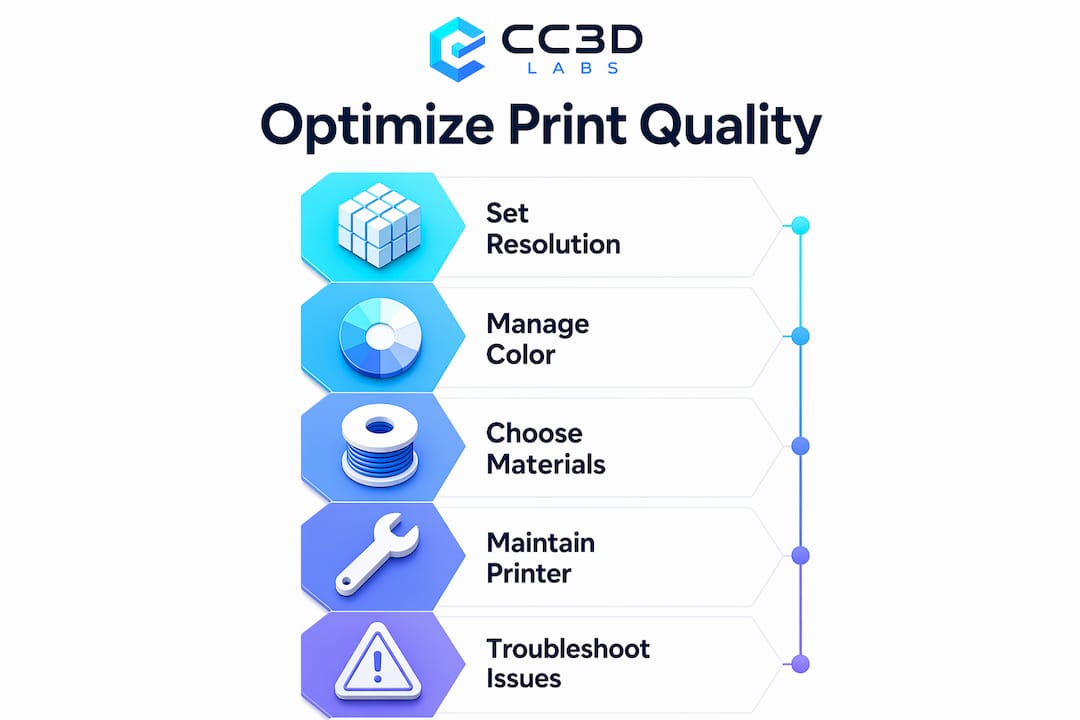 Infographic showing five key steps to optimize 3D print quality