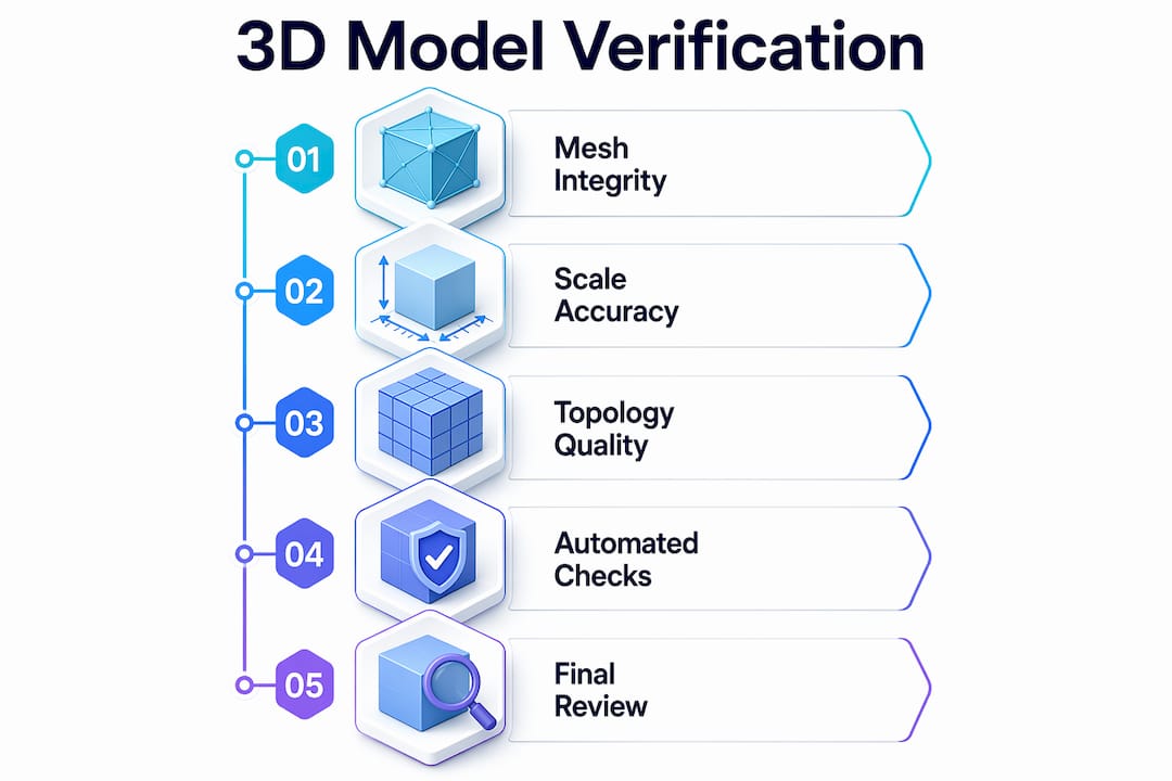 Infographic depicting steps of 3D model verification process