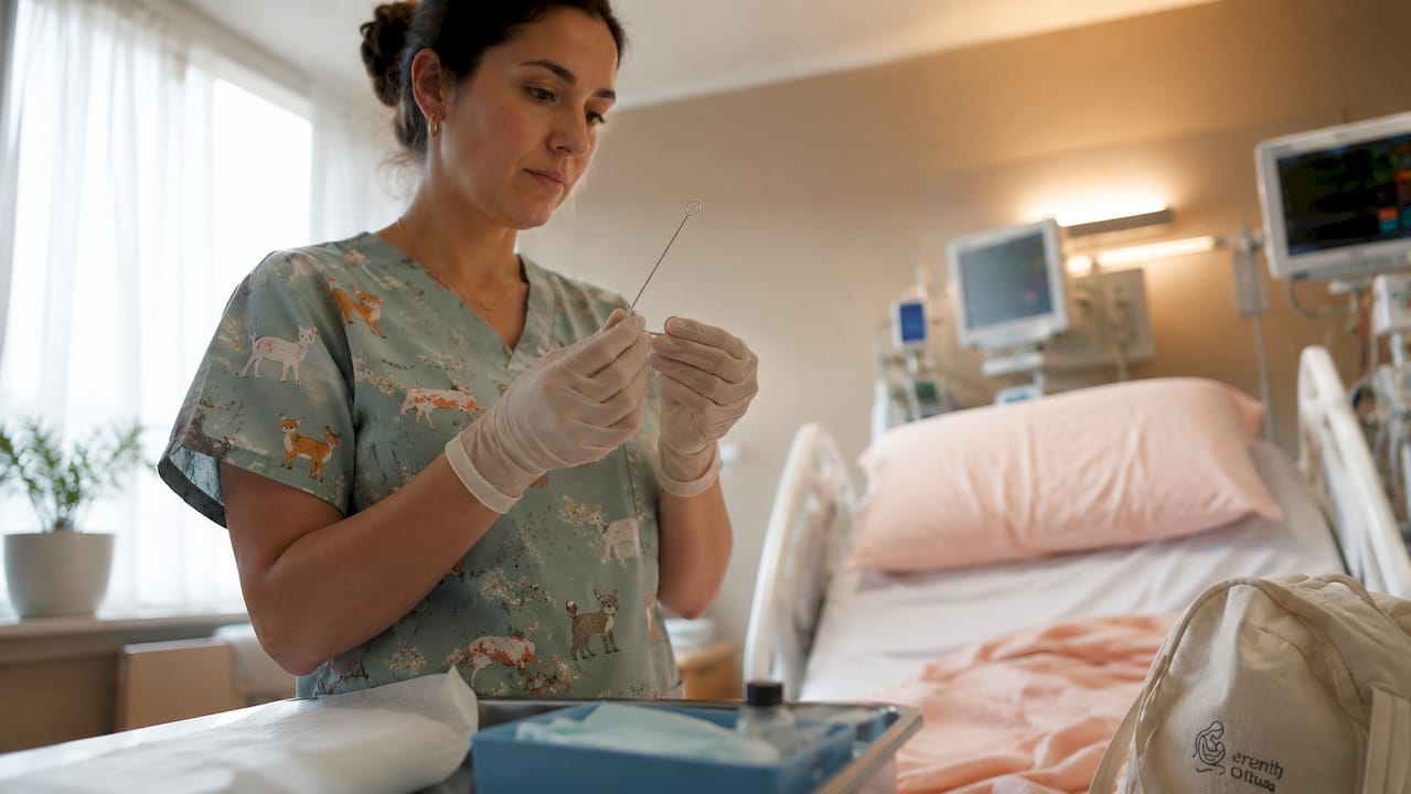 Midwife preparing amniotomy tools in hospital