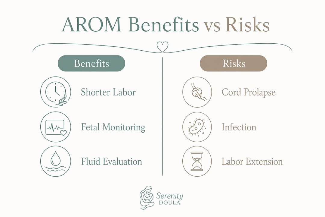 Infographic comparing benefits and risks of artificial rupture of membranes