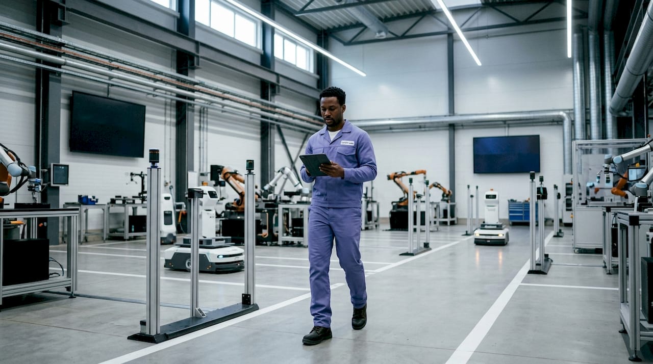 Smart factory floor with robotic machines and operator