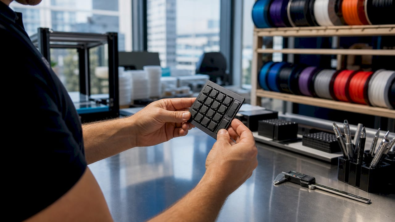 Close-up of hands holding POS 3D printed button
