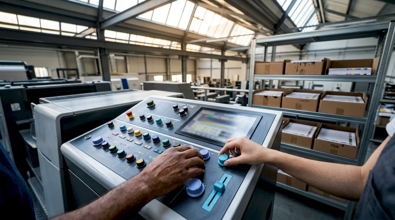 Hands adjusting offset press color controls