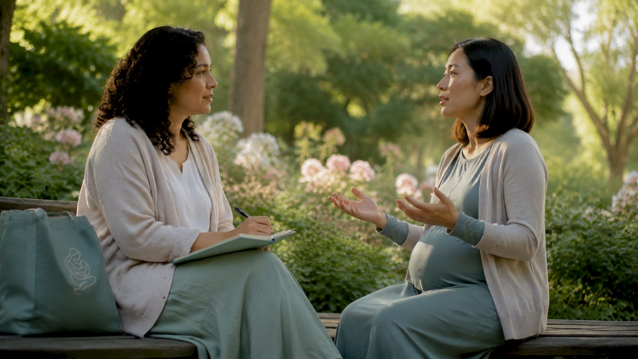 Doula and expectant mother discussing birth plan